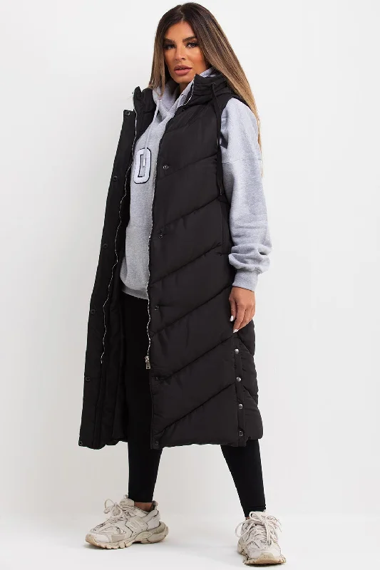 Price Drop Black Long Gilet With Chevron Padded Style