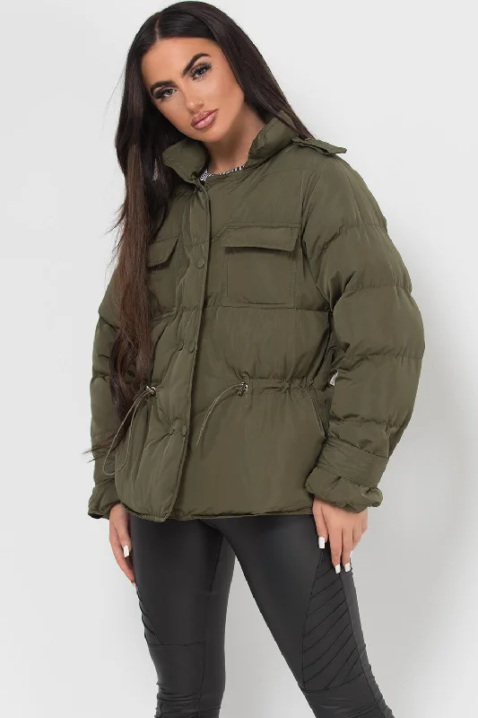 Shop and Save Puffer Jacket With Elasticated Drawstring Khaki