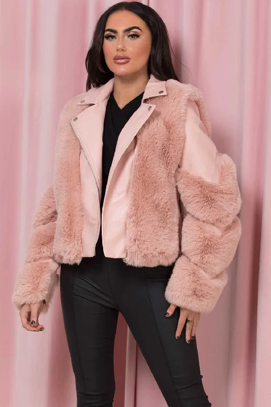Discount Extravaganza Faux Leather Aviator Jacket With Faux Fur Pink
