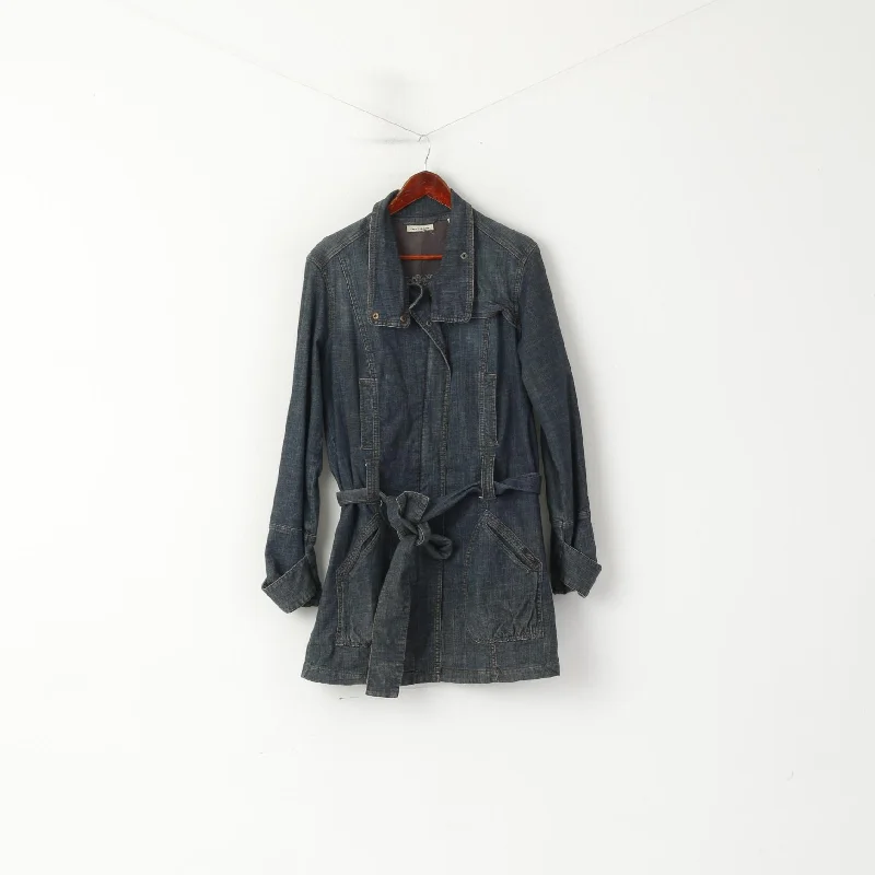 Epic Deals DKNY Jeans Women L Coat Navy Denim Cotton Full Zipper Belted Pockets Long Top