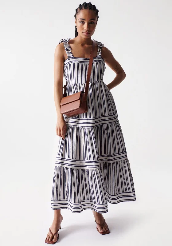 Salsa Striped Tiered Smock Dress, Beige & Navy