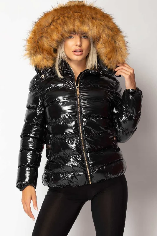 Discount Deals Black Shiny Puffer Jacket With Chunky Fur Hood