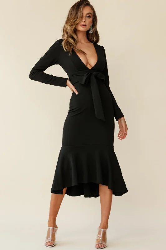 Today’s Deal Sorry Not Sorry Long Sleeve Flounce Midi Dress Black