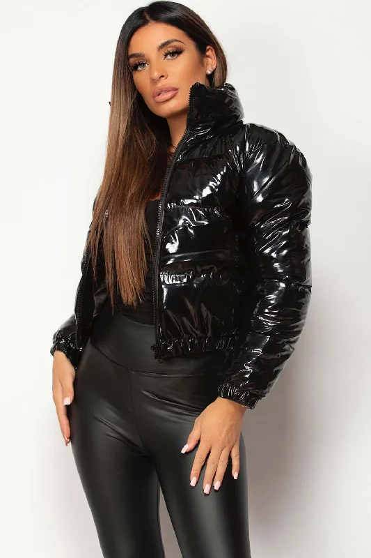Stock Clearance Black Shiny Vinyl Puffer Jacket Cropped
