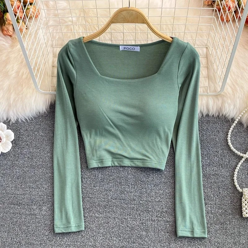 Limited Edition square collar t-shirt with chest pad for women short shirt top long sleeves S3986 Limited Edition square collar t-shirt with chest pad for women short shirt top long sleeves S3986