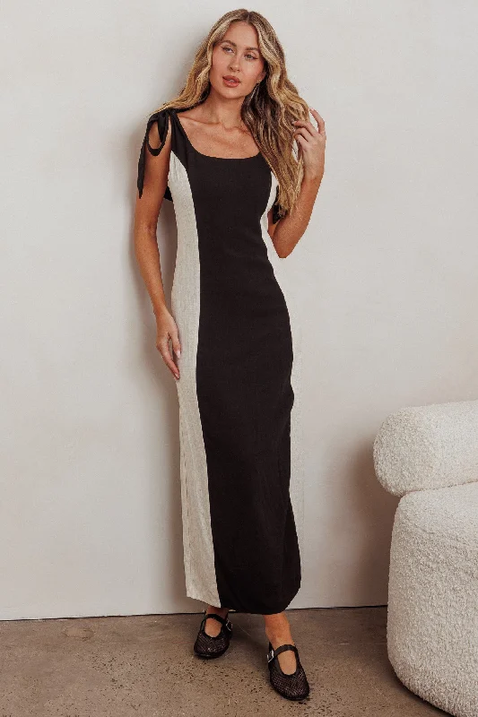 Price Drop Kiss City Tied Shoulders Contrast Maxi Dress Black/Oat