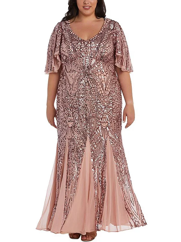 Plus Womens Sequin Flutter Sleeve Evening Dress