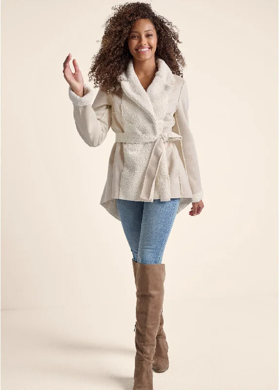 Limited Stock Reversible Faux Suede/Sherpa Coat - Cream