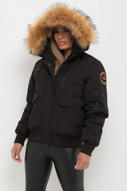 Lowest Price Canada Bomber Jacket With Fur Hood Black