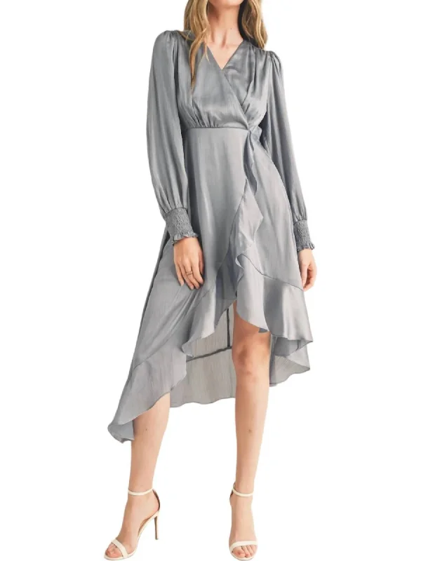 The Best Prices Satin Ruffle Midi Dress In Dusty Blue