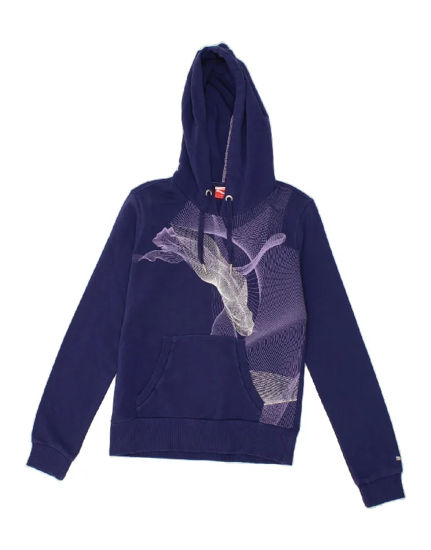 PUMA Womens Graphic Hoodie Jumper UK 8 Small Navy Blue Cotton