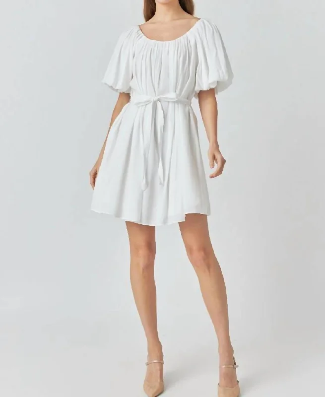 Eloise Pleated Puff Sleeve Dress In White