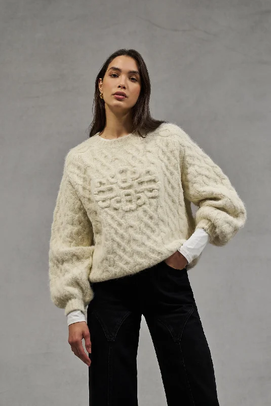 FLUFFY CABLE KNIT EMBLEM JUMPER - BEIGE