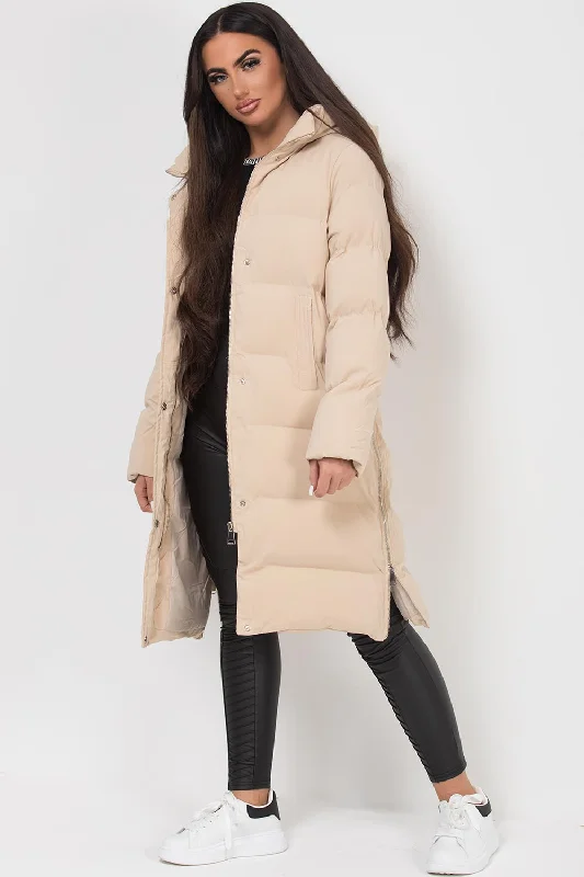 Exclusive Online Offer Long Puffer Coat With Side Zip Beige
