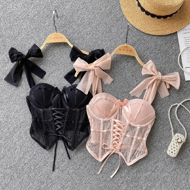 Amazing Deals Hot Girl Style Tube Top Women's Lace Mesh Strap Bow Design Top      S4620
