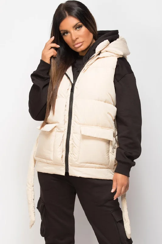 Online Specials Padded Gilet With Belt And Detachable Hood Beige
