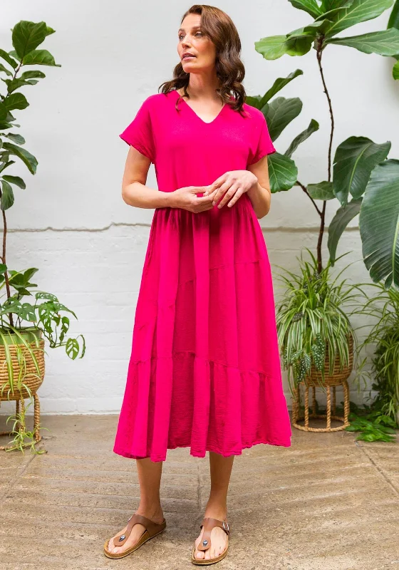 One Life Toucan Tiered Smock Maxi Dress, Fuchsia