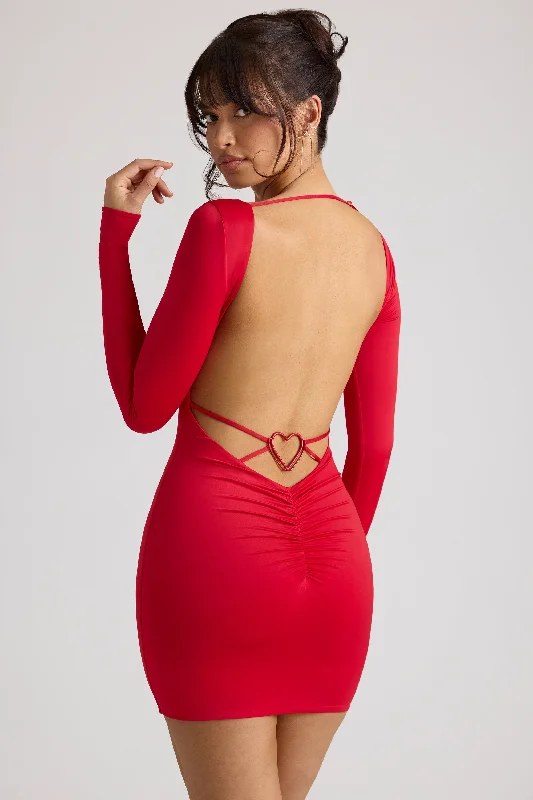 Doorbuster Deal Long Sleeve Sweetheart Neckline Mini Dress in Fire Red