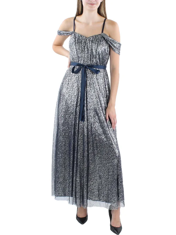 Stock Up and Save Womens Metallic Off-The-Shoulder Evening Dress