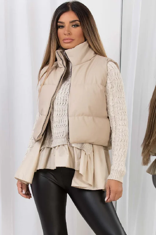 YEAR-End Sale Crop Gilet In Faux Leather Beige