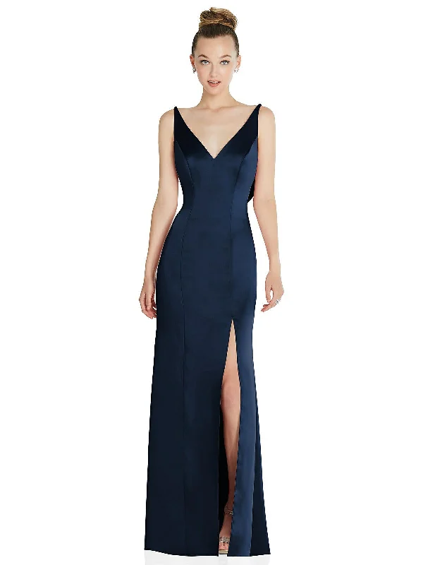 Draped Cowl-Back Princess Line Dress with Front Slit