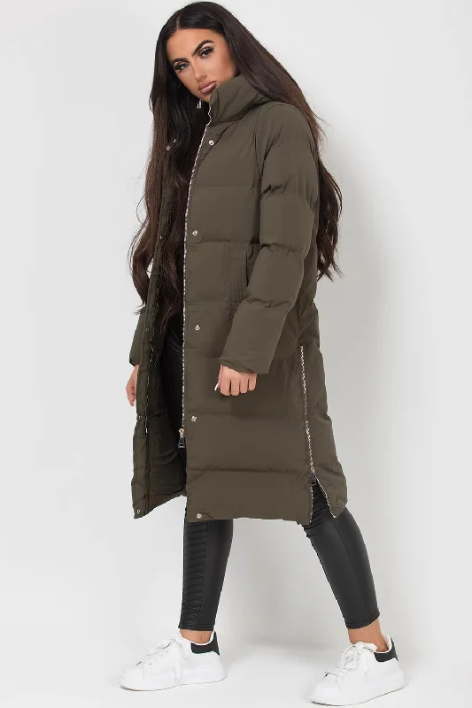 Special Savings Long Puffer Coat With Side Zip Khaki