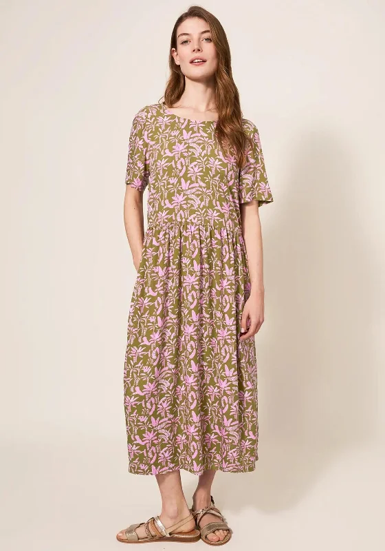 White Stuff Elisa Leaf Print Midi Dress, Green & Pink