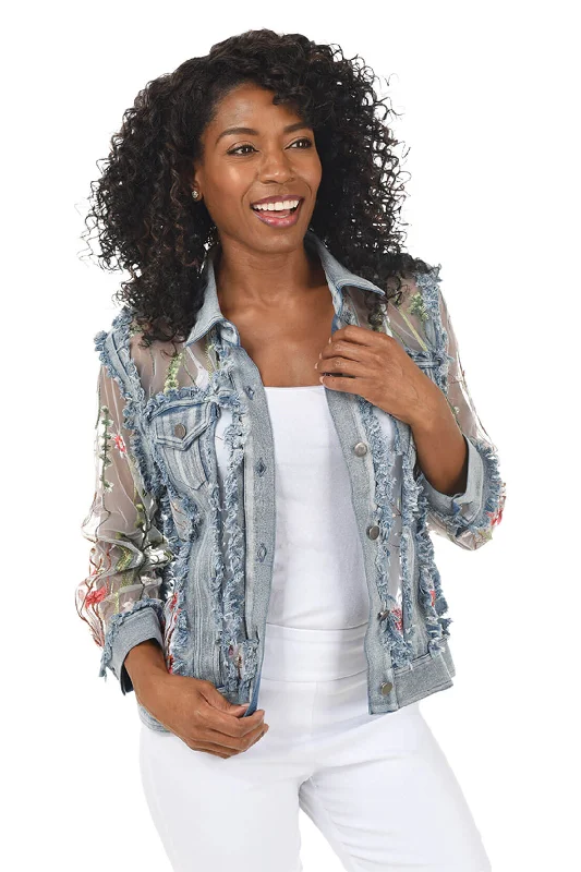 Floral Sheer Distressed Denim Jacket