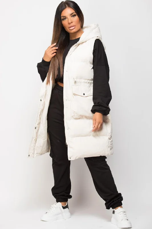 Price Reduction Padded Longline Gilet With Drawstring Waist Beige