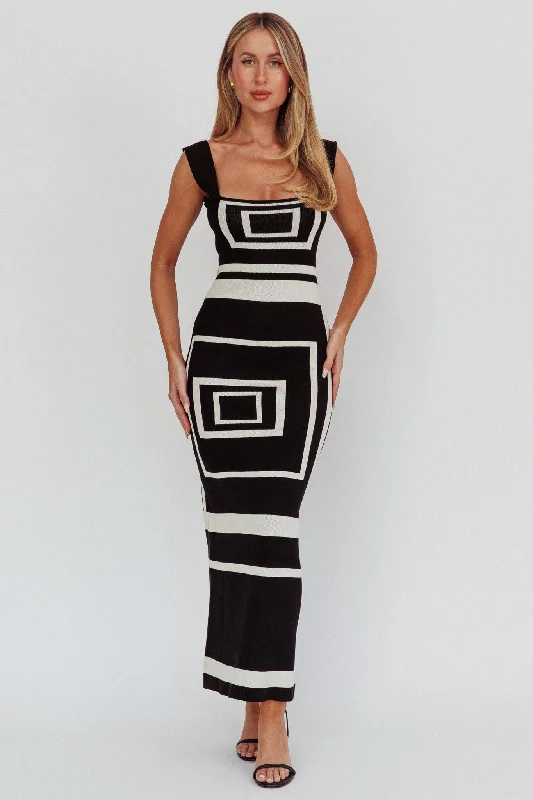 Warehouse Sale Stargazing Square Print Knit Maxi Dress Black