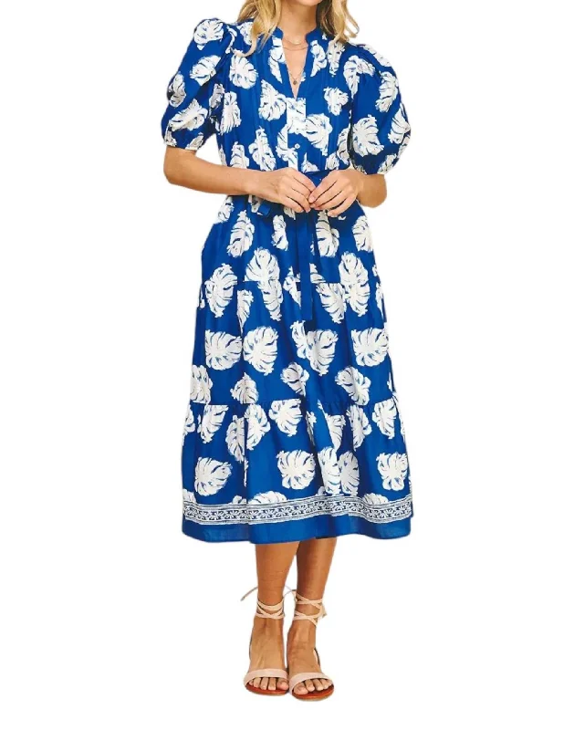 Floral Print Tiered Midi Dress In Blue