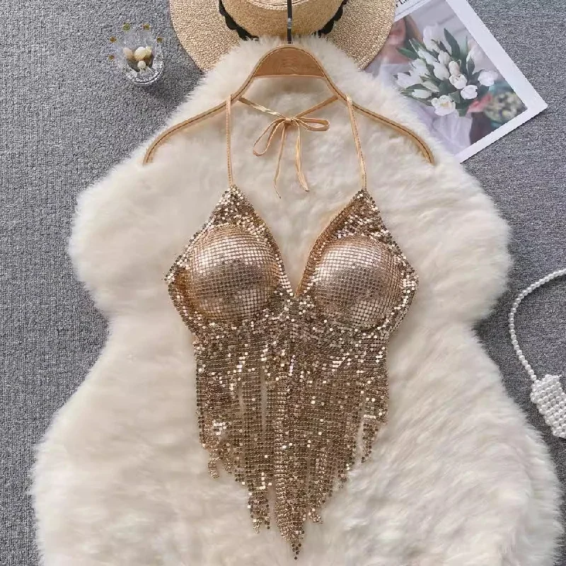 Flash Deals summer sexy design sequined halter top women's short tassel tube top      S4488