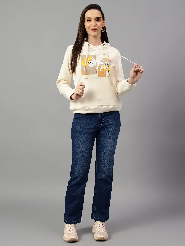 Year-End Sale Women's Cream Printed Hoody Neck Sweatshirt
