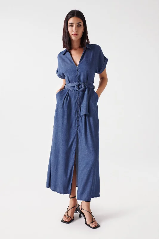 Salsa Belted Waist Midi Dress, Blue Denim