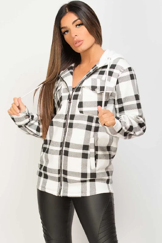 Overstock Check Hooded Shacket Black And White
