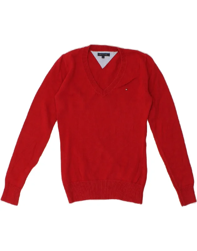 TOMMY HILFIGER Womens V-Neck Jumper Sweater UK 10 Small Red Cotton