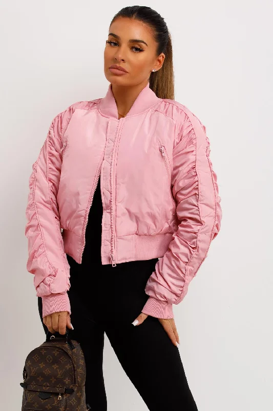 Crazy Savings Bomber Jacket With Ruched Sleeves Pink