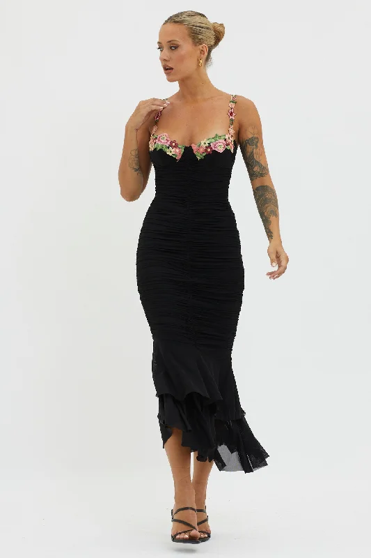 Savings Galore Rose Garden Ruched Mesh Midi Dress Black