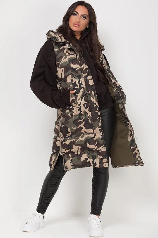 Super Sale Camouflage Longline Puffer Gilet Khaki