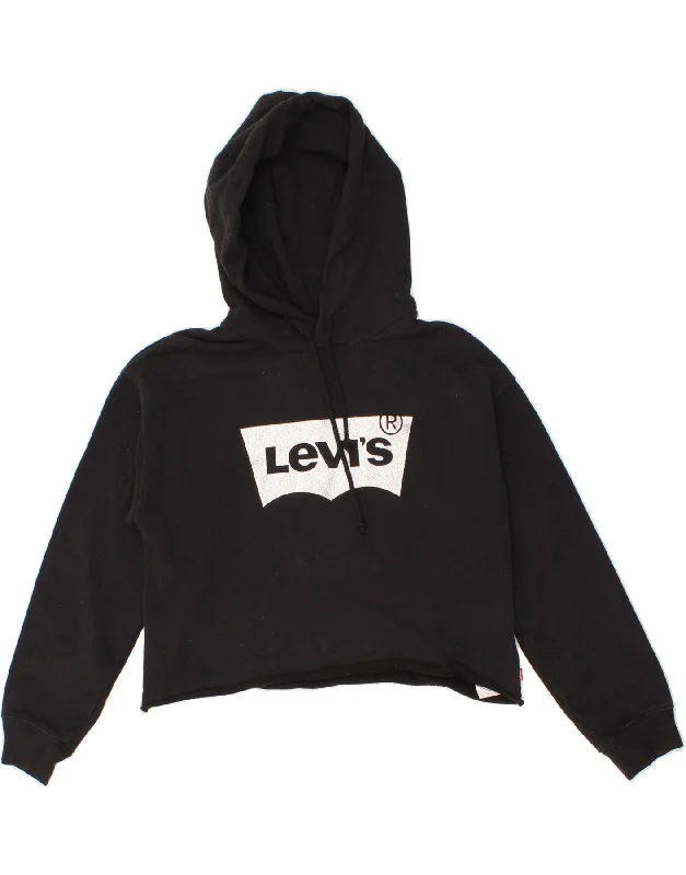 Price Fest LEVI'S Womens Crop Graphic Hoodie Jumper UK 6 XS Black Cotton
