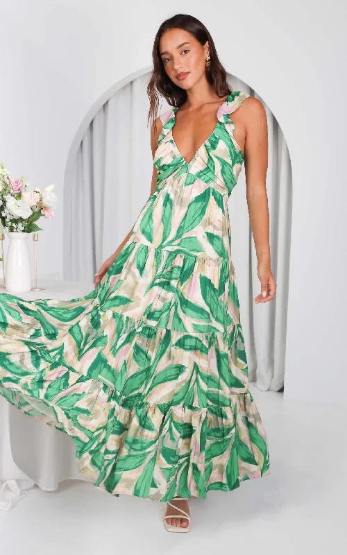 Hurry In Polly Maxi Dress - Green Beige Multi Print