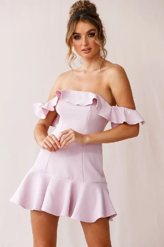 New Arrival Ondine Bardot Neckline Fluted Hem Dress Mauve