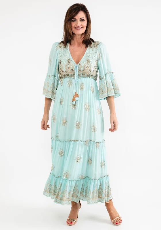 Final Clearance Seventy1 One Size Embellished Smock Maxi Dress, Duck Egg