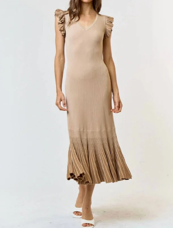 Ruffle Sleeve Pleated Mermaid Sweater Maxi Dress In Tan