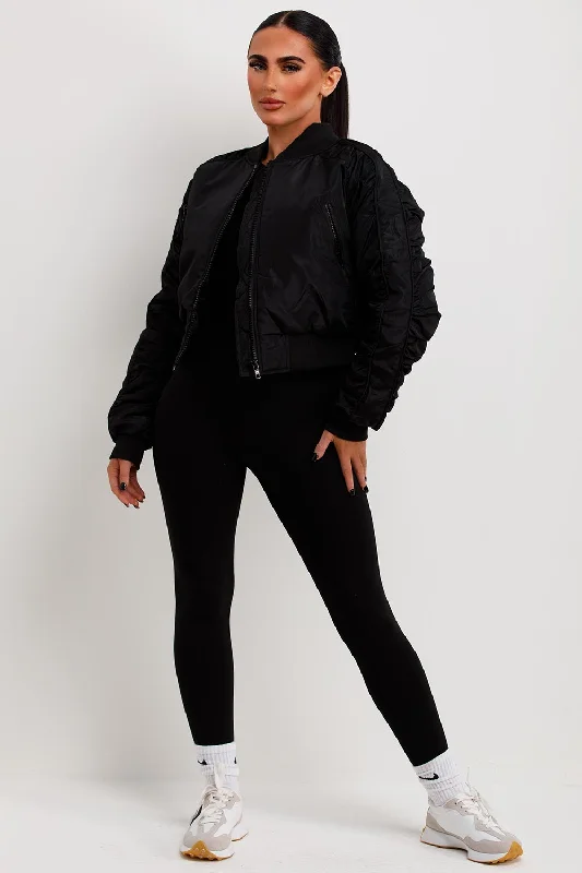 Bomber Jacket With Ruched Sleeves Black