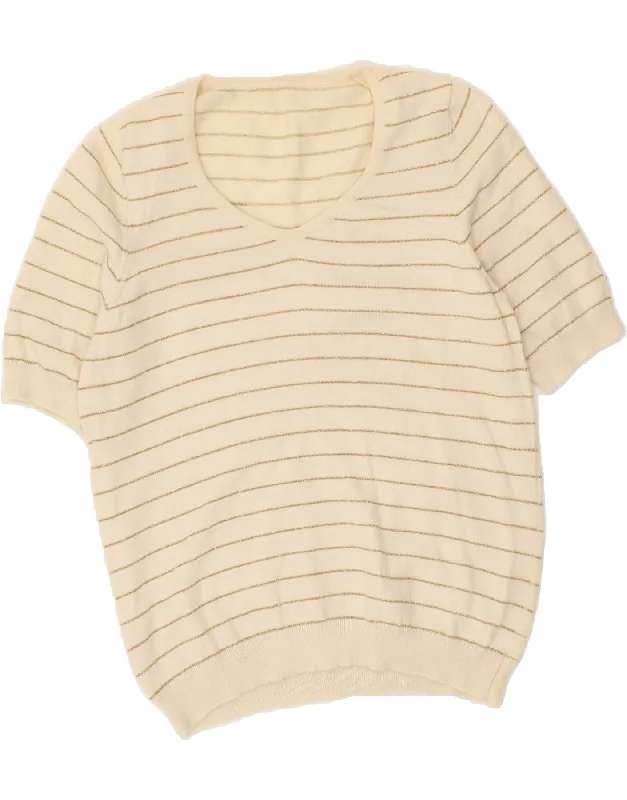 Super Sale VINTAGE Womens Short Sleeve V-Neck Jumper Sweater UK 12 Medium Beige