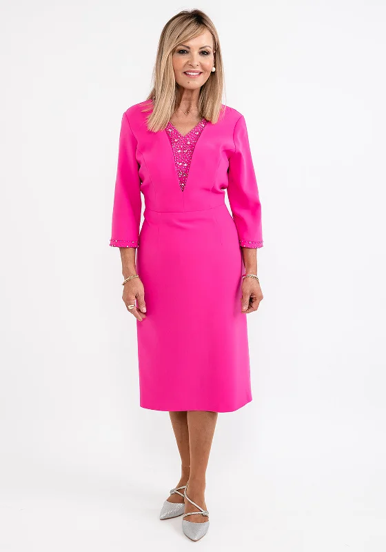 Lizabella Embellished Trim Pencil Dress, Hot Pink