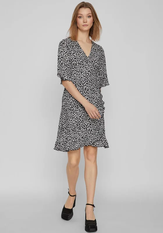 Don't Wait Vila Ditsy Floral Wrap Mini Dress, Black