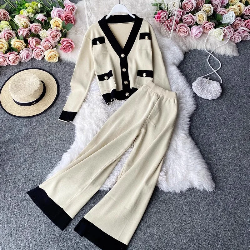 Anniversary Sale Knitted suit for women casual V-neck cardigan sweater casual leg trousers two-piece set       S4169
