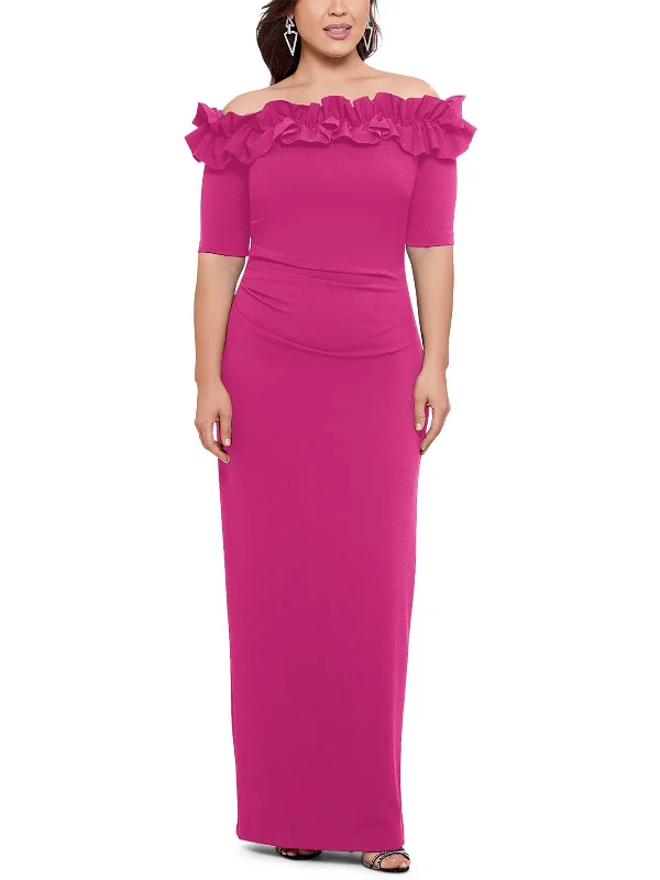 Steals and Deals Plus Womens Crepe Ruffled Evening Dress